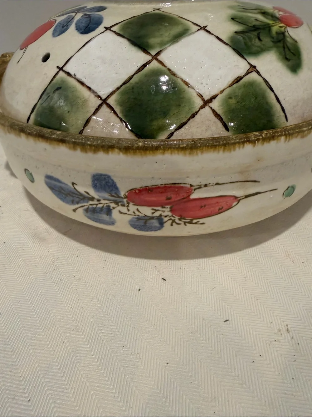 Vintage 14” Japanese Donable Rice (Casserole) Cooker Clay Pot Hand painted